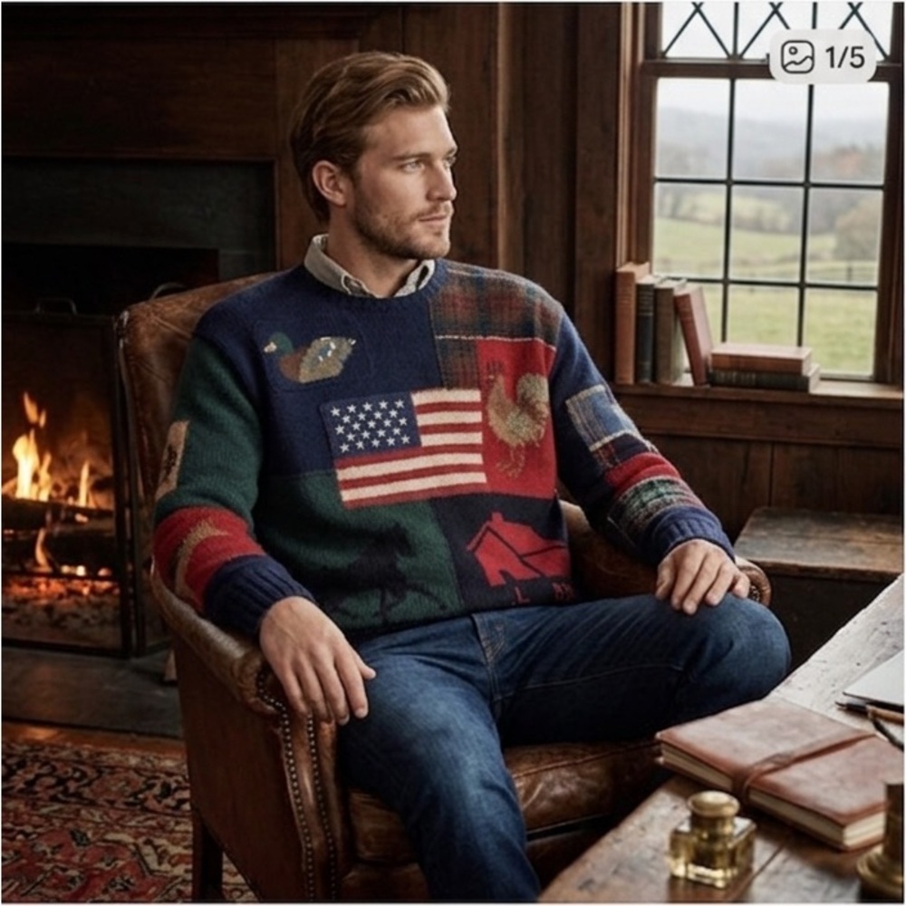 Vintage 1989 Ralph Lauren Polo Country Farm House Patchwork Knit‎ Flag Sweater M